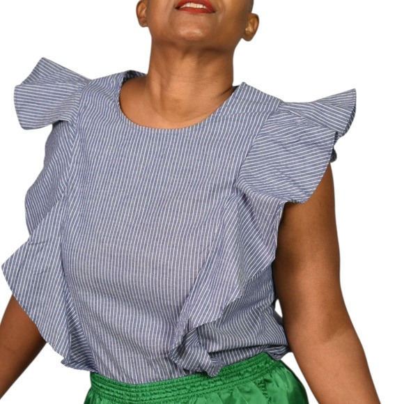 Guest Editor Flutter Sleeve Top Blue Pinstripe Stripe Cotton Blouse Medium - Picture 1 of 14